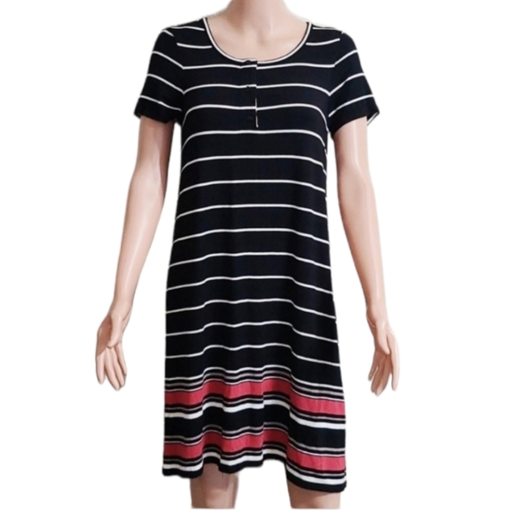 Max Studio Black and White Striped Stretch ‎  Shift Dress Rayon Size Small